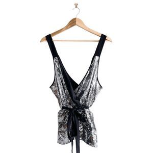 Chelsea28 Women Sequin Top Front Tie Sleeveless V Neckline Metallic Silver XXL